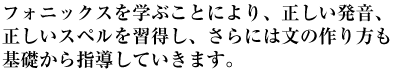 フォニックスを学ぶことにより、正しい発音、正しいスペルを習得し、さらには文の作り方も基礎から指導しています。